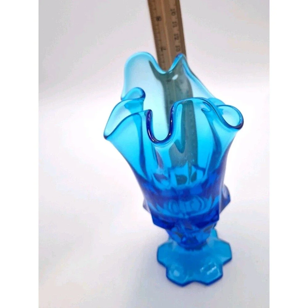 Fenton Colonial Blue Valencia Glass Swung Ruffle Edge Vase 6.75inches
